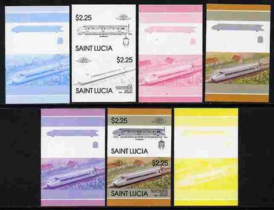St Lucia 1986 Locomotives #5 (Leaders of the World) $2.25 Von Kruckenburg Rail Car,se-tenant pair - the set of 7 imperf progressive proofs comprising the 4 individual colours plus 2, 3 and all 4-colour composite, unmounted mint as SG 870a