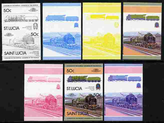St Lucia 1983 Locomotives #1 (Leaders of the World) 50c Lord Nelson se-tenant pair - the set of 7 imperf progressive proofs comprising the 4 individual colours plus 2, 3 and all 4-colour composite, unmounted mint as SG 655a