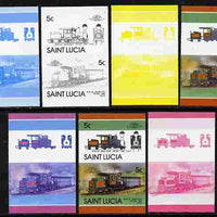 St Lucia 1986 Locomotives #5 (Leaders of the World) 5c Rack Loco Tip-Top se-tenant pair - the set of 7 imperf progressive proofs comprising the 4 individual colours plus 2, 3 and all 4-colour composite, unmounted mint as SG 858a