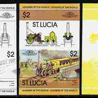 St Lucia 1983 Locomotives #1 (Leaders of the World) $2 Stephenson's Rocket se-tenant pair - the set of 3 imperf progressive proofs comprising yellow & black individual colours plus all 4-colour composite, unmounted mint as SG 665a
