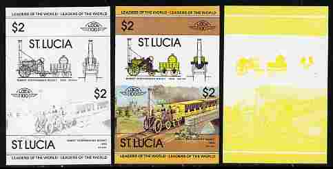 St Lucia 1983 Locomotives #1 (Leaders of the World) $2 Stephenson's Rocket se-tenant pair - the set of 3 imperf progressive proofs comprising yellow & black individual colours plus all 4-colour composite, unmounted mint as SG 665a