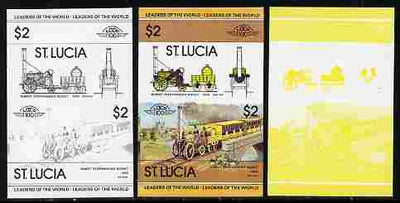 St Lucia 1983 Locomotives #1 (Leaders of the World) $2 Stephenson's Rocket se-tenant pair - the set of 3 imperf progressive proofs comprising yellow & black individual colours plus all 4-colour composite, unmounted mint as SG 665a