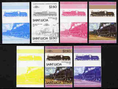 St Lucia 1985 Locomotives #4 (Leaders of the World) $2.50 'Big Bertha 0-10-0' se-tenant pair - the set of 7 imperf progressive proofs comprising the 4 individual colours plus 2, 3 and all 4-colour composite, unmounted mint as SG 830a