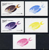 Oman 1974 Tropical Fish 1b (Sturgeonfish) set of 5 imperf progressive colour proofs comprising 3 individual colours (red, blue & yellow) plus 3 and all 4-colour composites unmounted mint
