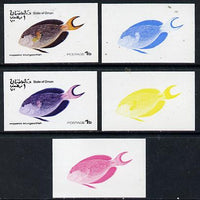 Oman 1974 Tropical Fish 1b (Sturgeonfish) set of 5 imperf progressive colour proofs comprising 3 individual colours (red, blue & yellow) plus 3 and all 4-colour composites unmounted mint