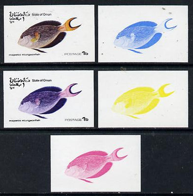 Oman 1974 Tropical Fish 1b (Sturgeonfish) set of 5 imperf progressive colour proofs comprising 3 individual colours (red, blue & yellow) plus 3 and all 4-colour composites unmounted mint