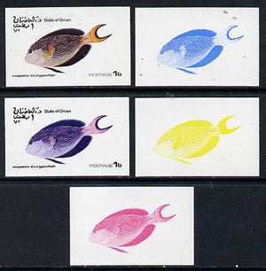 Oman 1974 Tropical Fish 1b (Sturgeonfish) set of 5 imperf progressive colour proofs comprising 3 individual colours (red, blue & yellow) plus 3 and all 4-colour composites unmounted mint