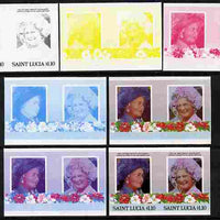 St Lucia 1985 Life & Times of HM Queen Mother (Leaders of the World) $1.10 se-tenant pair - the set of 7 imperf progressive proofs comprising the 4 individual colours plus 2, 3 and all 4-colour composite, unmounted mint as SG 836a