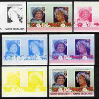 St Lucia 1985 Life & Times of HM Queen Mother (Leaders of the World) $1.75 se-tenant pair - the set of 7 imperf progressive proofs comprising the 4 individual colours plus 2, 3 and all 4-colour composite, unmounted mint as SG 838a