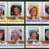 St Lucia 1985 Life & Times of HM Queen Mother (Leaders of the World) set of 8 (4 se-tenant pairs) each overprinted SPECIMEN unmounted mint SG 832-9s