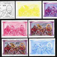 St Lucia 1984 Monarchs (Leaders of the World) the unissued $2.50 (Alfred the Great & Battle of Edington) se-tenant pair - the set of 7 imperf progressive proofs comprising the 4 individual colours plus 2, 3 and all 4-colour compos……Details Below