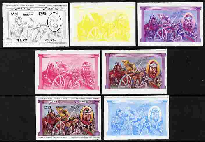 St Lucia 1984 Monarchs (Leaders of the World) the unissued $2.50 (Alfred the Great & Battle of Edington) se-tenant pair - the set of 7 imperf progressive proofs comprising the 4 individual colours plus 2, 3 and all 4-colour compos……Details Below