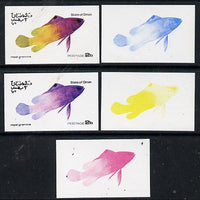 Oman 1974 Tropical Fish 2b (Royal Gramma) set of 5 imperf progressive colour proofs comprising 3 individual colours (red, blue & yellow) plus 3 and all 4-colour composites unmounted mint