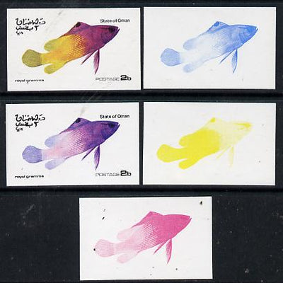 Oman 1974 Tropical Fish 2b (Royal Gramma) set of 5 imperf progressive colour proofs comprising 3 individual colours (red, blue & yellow) plus 3 and all 4-colour composites unmounted mint