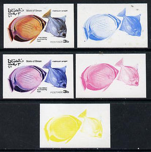 Oman 1974 Tropical Fish 3b (Angel & Butterfly Fish) set of 5 imperf progressive colour proofs comprising 3 individual colours (red, blue & yellow) plus 3 and all 4-colour composites unmounted mint