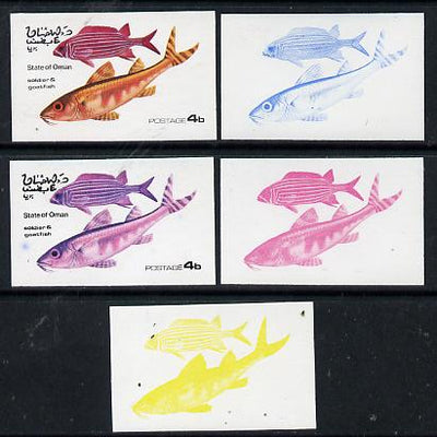Oman 1974 Tropical Fish 4b (Soldier & Goatfish) set of 5 imperf progressive colour proofs comprising 3 individual colours (red, blue & yellow) plus 3 and all 4-colour composites unmounted mint