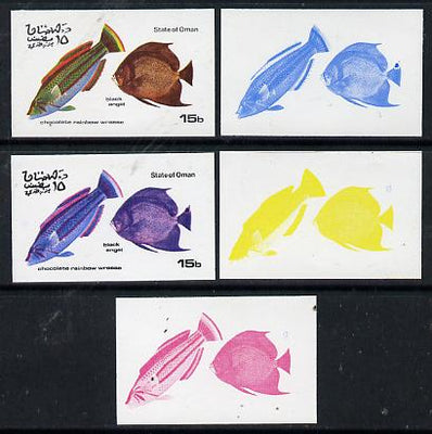 Oman 1974 Tropical Fish 15b (Wrasse & Black Angel) set of 5 imperf progressive colour proofs comprising 3 individual colours (red, blue & yellow) plus 3 and all 4-colour composites unmounted mint