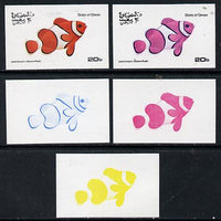 Oman 1974 Tropical Fish 20b (Clownfish) set of 5 imperf progressive colour proofs comprising 3 individual colours (red, blue & yellow) plus 3 and all 4-colour composites unmounted mint