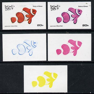 Oman 1974 Tropical Fish 20b (Clownfish) set of 5 imperf progressive colour proofs comprising 3 individual colours (red, blue & yellow) plus 3 and all 4-colour composites unmounted mint