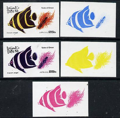 Oman 1974 Tropical Fish 25b (French Angel) set of 5 imperf progressive colour proofs comprising 3 individual colours (red, blue & yellow) plus 3 and all 4-colour composites unmounted mint