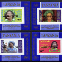 Tanzania 1985 Life & Times of HM Queen Mother unissued set of 4 unmounted mint imperf deluxe sheetlets (one stamp per sheetlet) opt'd 'AMERIPEX '86'