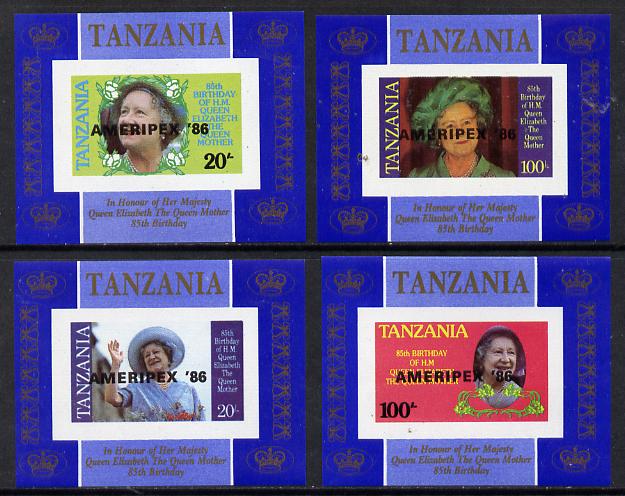 Tanzania 1985 Life & Times of HM Queen Mother unissued set of 4 unmounted mint imperf deluxe sheetlets (one stamp per sheetlet) opt'd 'AMERIPEX '86'