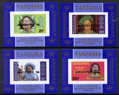 Tanzania 1985 Life & Times of HM Queen Mother unissued set of 4 unmounted mint imperf deluxe sheetlets (one stamp per sheetlet) opt'd 'AMERIPEX '86'