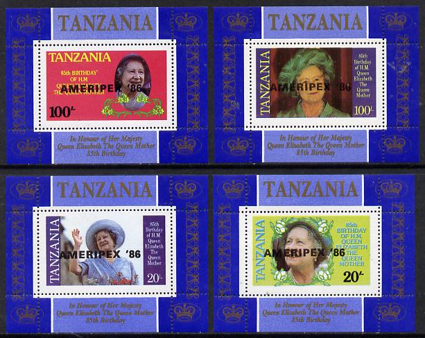 Tanzania 1985 Life & Times of HM Queen Mother unissued set of 4 unmounted mint perf deluxe sheetlets (one stamp per sheetlet) opt'd 'AMERIPEX '86'