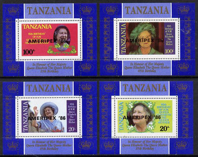 Tanzania 1985 Life & Times of HM Queen Mother unissued set of 4 unmounted mint perf deluxe sheetlets (one stamp per sheetlet) opt'd 'AMERIPEX '86'
