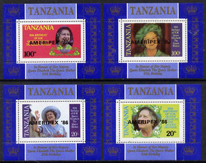 Tanzania 1985 Life & Times of HM Queen Mother unissued set of 4 unmounted mint perf deluxe sheetlets (one stamp per sheetlet) opt'd 'AMERIPEX '86'