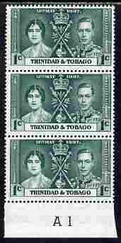 Trinidad & Tobago 1937 KG6 Coronatio 1c vert strip of 3 with Plate number A1 unmounted mint (plate numbers are surprisingly scarce on the Coronation issues)
