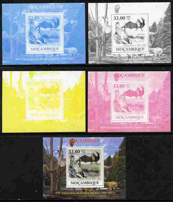 Mozambique 2009 200th Birth Anniversary of Charles Darwin #02 individual deluxe sheet - the set of 5 imperf progressive proofs comprising the 4 individual colours plus all 4-colour composite, unmounted mint