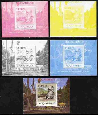 Mozambique 2009 200th Birth Anniversary of Charles Darwin #03 individual deluxe sheet - the set of 5 imperf progressive proofs comprising the 4 individual colours plus all 4-colour composite, unmounted mint