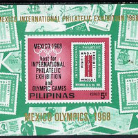 Philippines 1968,Mexico Olympic Games unissued 5c imperf m/sheet showing various stamps (also for Mexico Philatelic Exhibition) unmounted mint