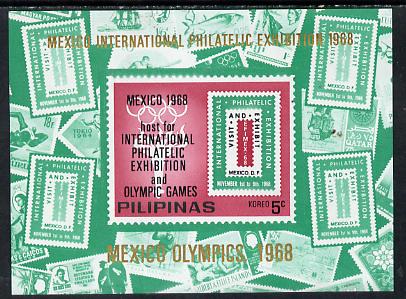 Philippines 1968,Mexico Olympic Games unissued 5c imperf m/sheet showing various stamps (also for Mexico Philatelic Exhibition) unmounted mint