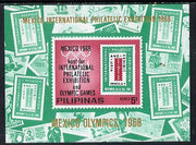 Philippines 1968,Mexico Olympic Games unissued 5c imperf m/sheet showing various stamps (also for Mexico Philatelic Exhibition) unmounted mint