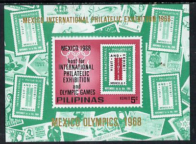 Philippines 1968,Mexico Olympic Games unissued 5c imperf m/sheet showing various stamps (also for Mexico Philatelic Exhibition) unmounted mint