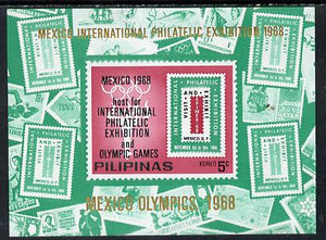 Philippines 1968,Mexico Olympic Games unissued 5c imperf m/sheet showing various stamps (also for Mexico Philatelic Exhibition) unmounted mint