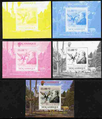 Mozambique 2009 200th Birth Anniversary of Charles Darwin #05 individual deluxe sheet - the set of 5 imperf progressive proofs comprising the 4 individual colours plus all 4-colour composite, unmounted mint