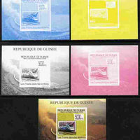 Guinea - Conakry 2009 Trains on Stamps #1 individual deluxe sheet - the set of 5 imperf progressive proofs comprising the 4 individual colours plus all 4-colour composite, unmounted mint