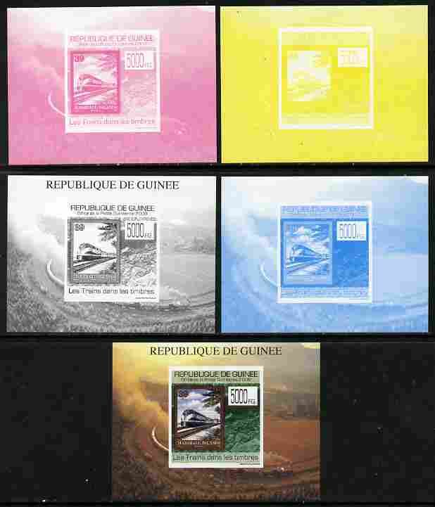 Guinea - Conakry 2009 Trains on Stamps #3 individual deluxe sheet - the set of 5 imperf progressive proofs comprising the 4 individual colours plus all 4-colour composite, unmounted mint