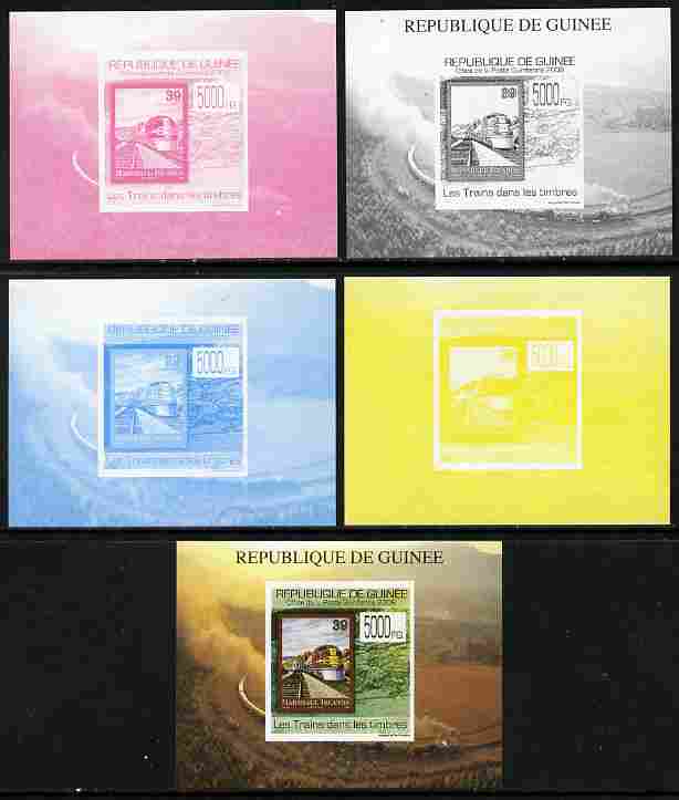 Guinea - Conakry 2009 Trains on Stamps #4 individual deluxe sheet - the set of 5 imperf progressive proofs comprising the 4 individual colours plus all 4-colour composite, unmounted mint