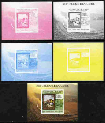Guinea - Conakry 2009 Trains on Stamps #4 individual deluxe sheet - the set of 5 imperf progressive proofs comprising the 4 individual colours plus all 4-colour composite, unmounted mint