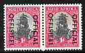 South Africa 1950-54 Official overprint on 1d Van Riebeck's Ship (17.25 x 21.25 mm) horizontal bi-lingual pair unmounted mint SG O43