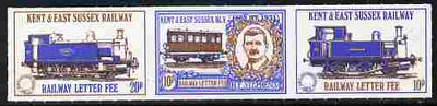 Cinderella - Great Britain Kent & East Sussex Railway Letter Stamps 20p-10p-10p se-tenant rouletted strip of 3 unmounted mint