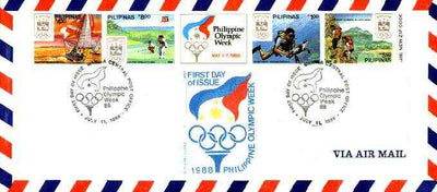 Philippines 1988 Seoul Olympic Games imperf se-tenant strip of 4 plus label on airmail cover used on first day with special cancel (SG 2091aB)