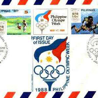 Philippines 1988 Seoul Olympic Games perf se-tenant strip of 4 plus label on airmail cover used on first day with special cancel (SG 2091aA)