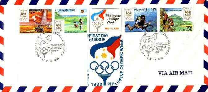 Philippines 1988 Seoul Olympic Games perf se-tenant strip of 4 plus label on airmail cover used on first day with special cancel (SG 2091aA)