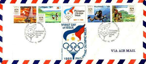 Philippines 1988 Seoul Olympic Games perf se-tenant strip of 4 plus label on airmail cover used on first day with special cancel (SG 2091aA)