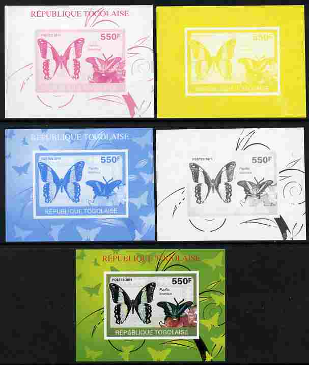 Togo 2010 Butterflies #2 individual deluxe sheet - the set of 5 imperf progressive proofs comprising the 4 individual colours plus all 4-colour composite, unmounted mint